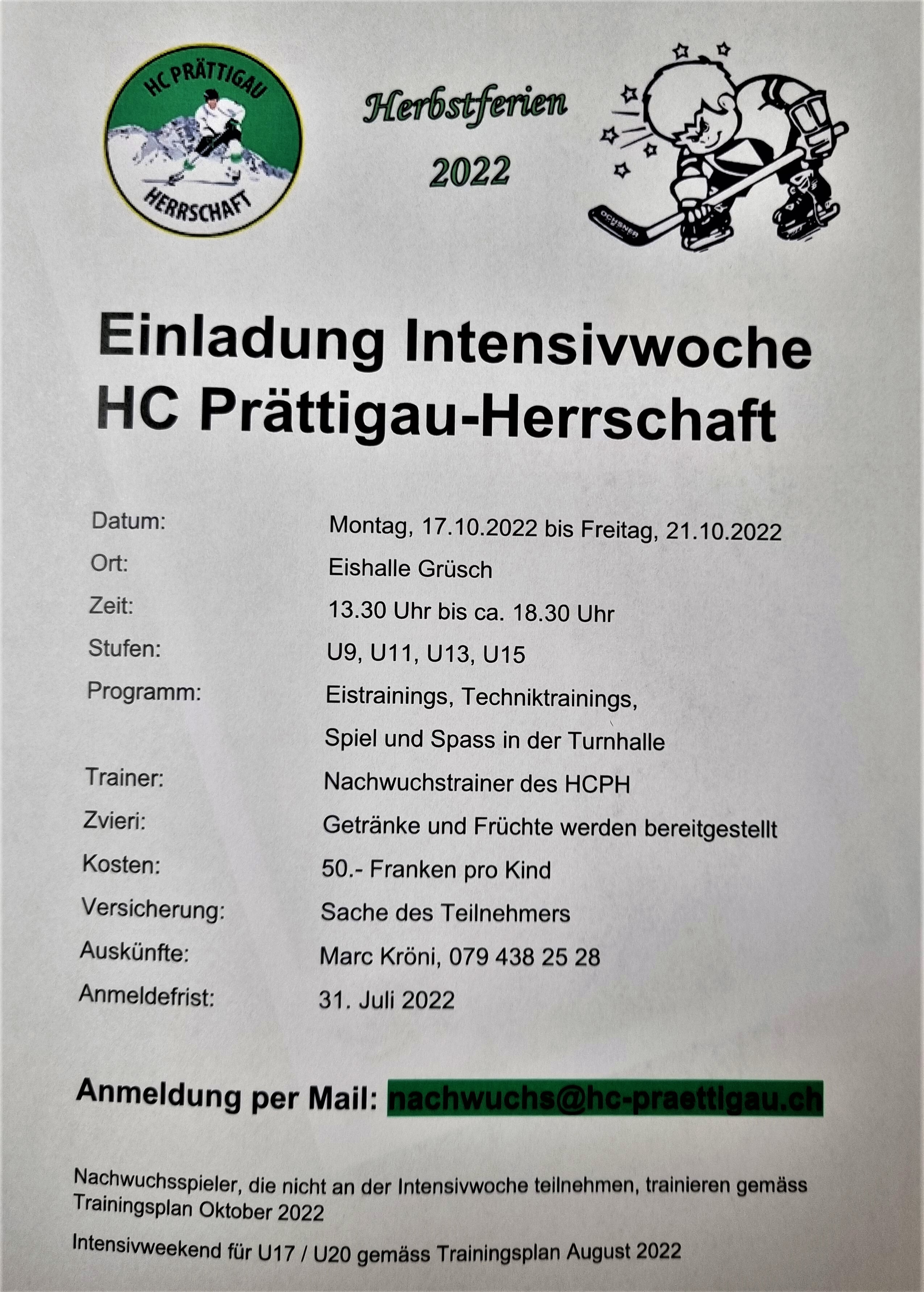 Anmeldung zur HCPH Intensivwoche in den Herbstferien.